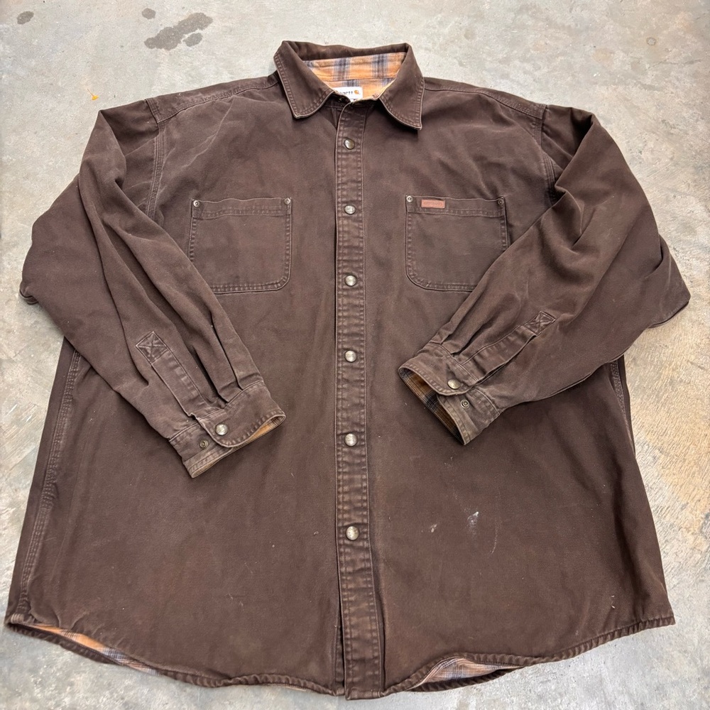 Carhartt Men's 2XL Flannel Lined Canvas Shirt Jacket Brown Shacket Workwear